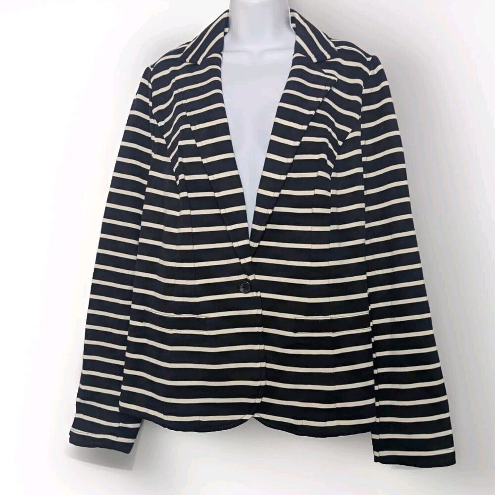 Lane Bryant Black White Striped Jacket Blazer 1 Button Pocket V Plus Size 16